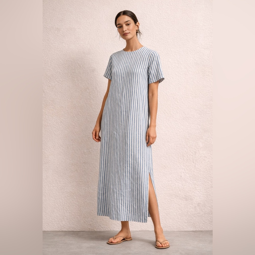 Jenni Kayne Linen Lyocell Blue Stripe Midi Dress Coastal Minimalist Size L